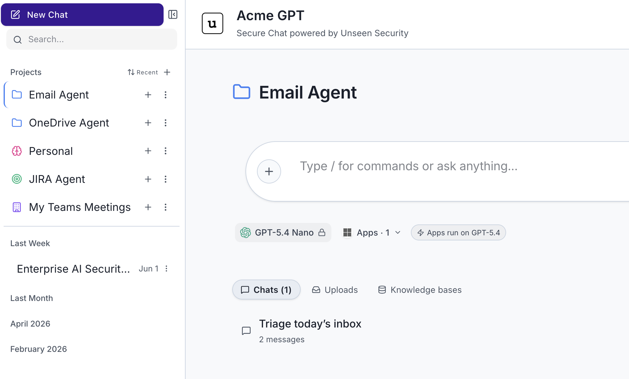 Unseen Security secure AI chat workspace with projects, agents and multiple models